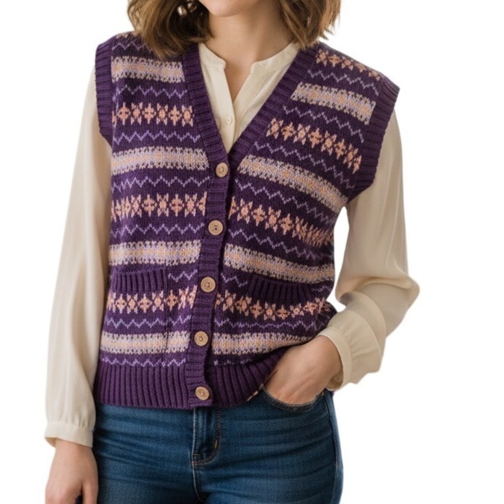 Scotland Yard Sweater Vest Women M Purple Fair Isle Button Front Preppy Academia